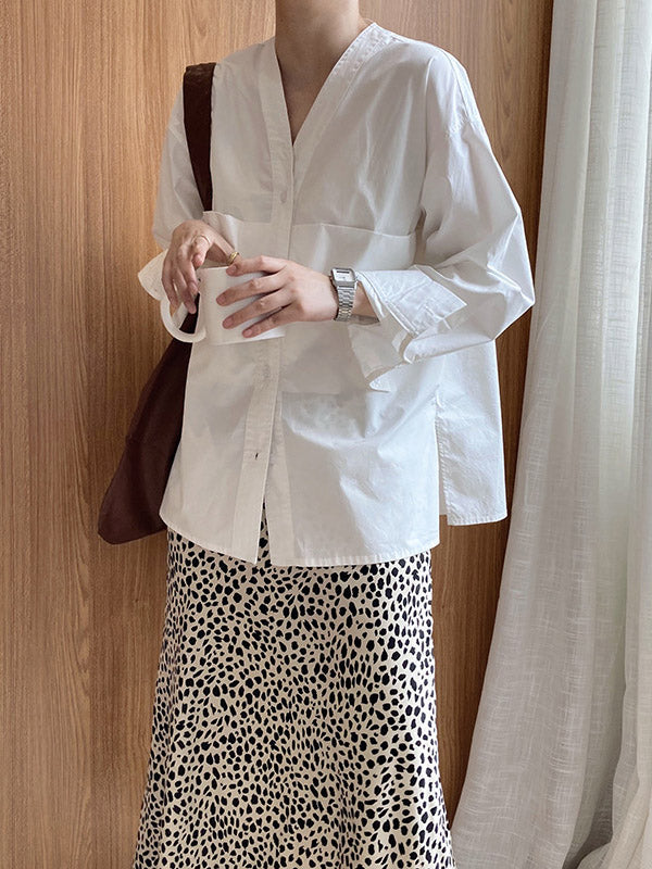 xakxx Loose Simple V-Neck Pocket Blouses