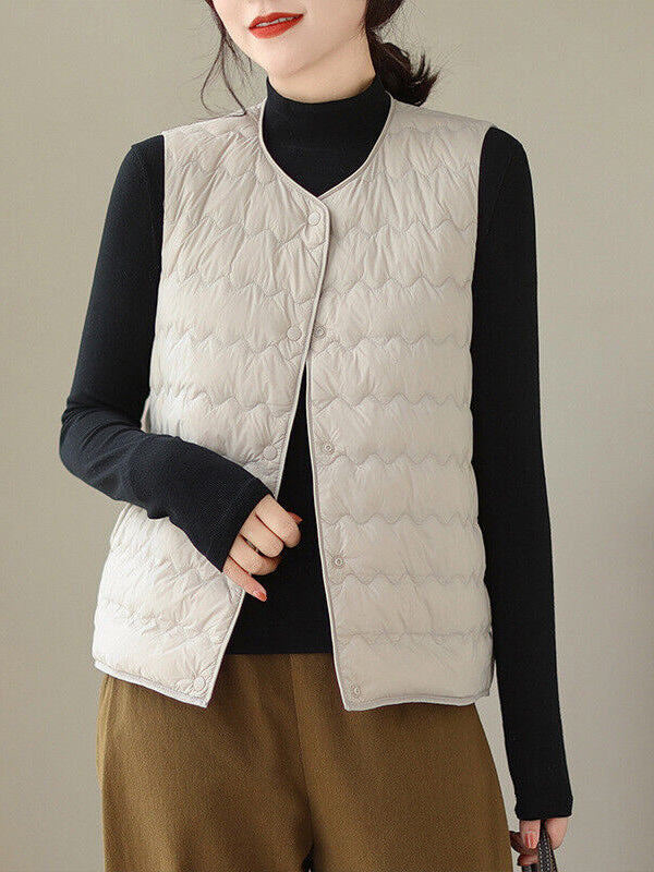 xakxx Loose Sleeveless Buttoned Quilted Solid Color Round-Neck Padded Vest