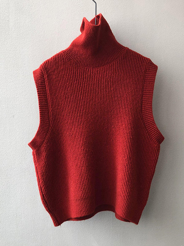 xakxx Casual Loose Sleeveless Solid Color High-Neck Sweater Vest Outerwear