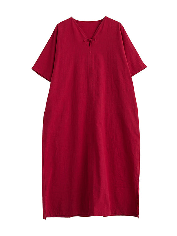 xakxx A-Line Loose Chinese Frog Buttons Pockets Solid Color Split-Side V-Neck Midi Dresses