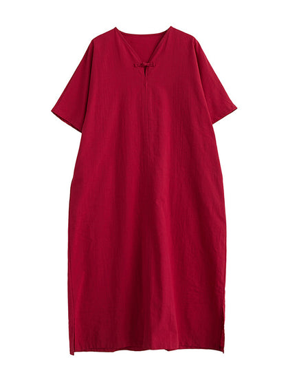 xakxx A-Line Loose Chinese Frog Buttons Pockets Solid Color Split-Side V-Neck Midi Dresses