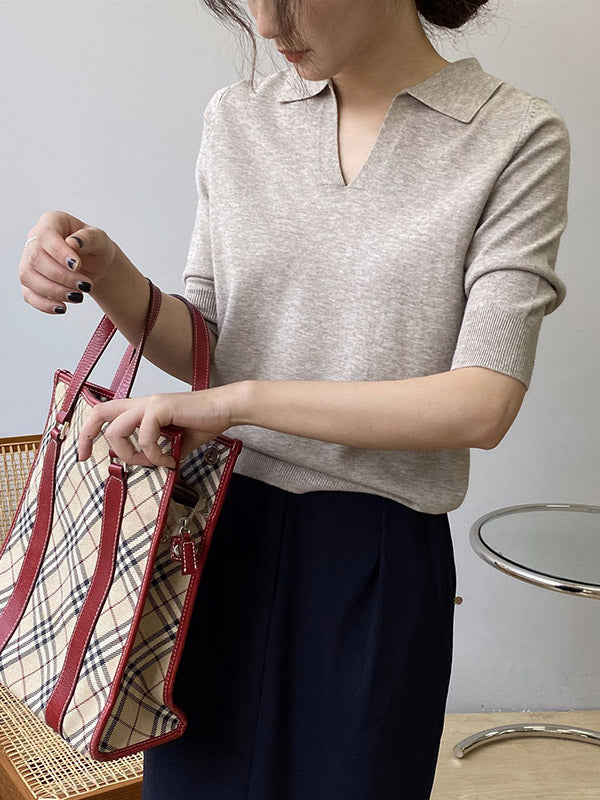 xakxx 7 Colors Urban Solid Color Half Sleeves Knitting Shirt Top