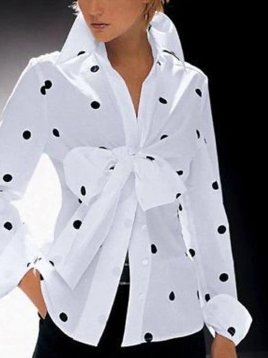 xakxx Stylish White Polka-Dot Lapel Bow-Embellished Long Sleeves Blouse Top