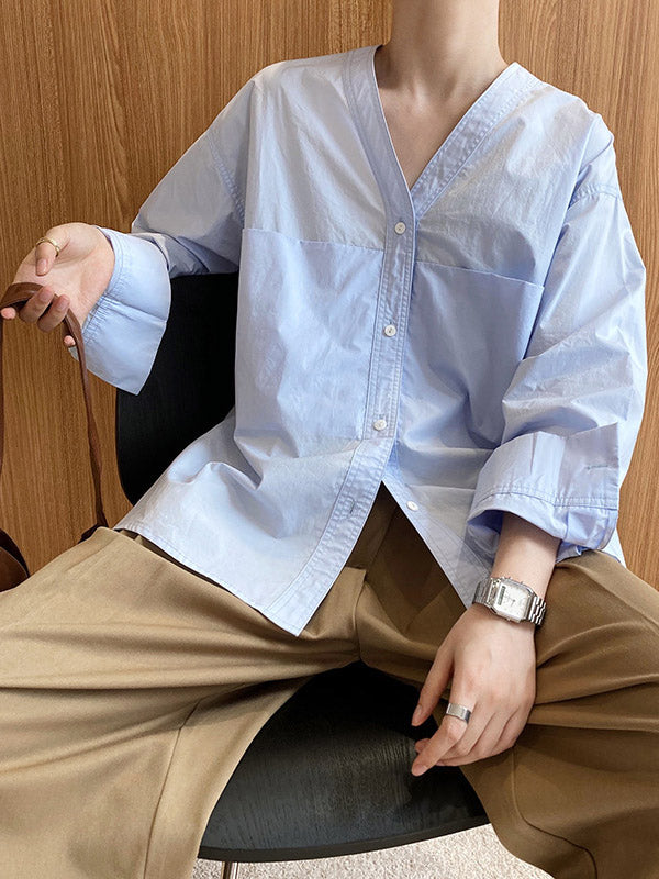 xakxx Loose Simple V-Neck Pocket Blouses