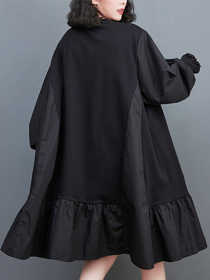 xakxx Loose Puff Sleeves Pleated Solid Color Split-Joint Round-neck Midi Dresses