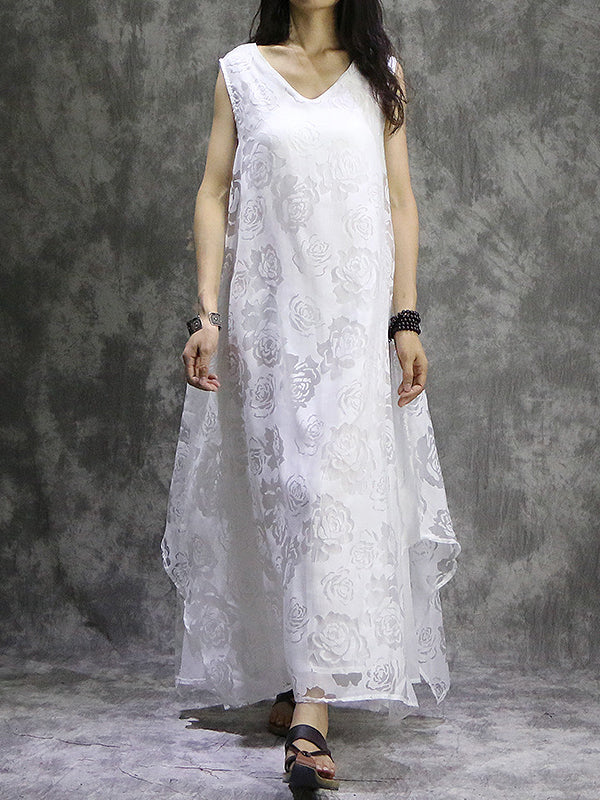 xakxx False Two Loose Flower Print Solid Color V-Neck Midi Dresses