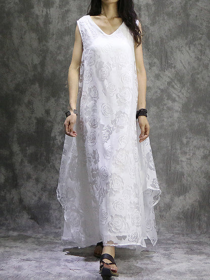 xakxx False Two Loose Flower Print Solid Color V-Neck Midi Dresses