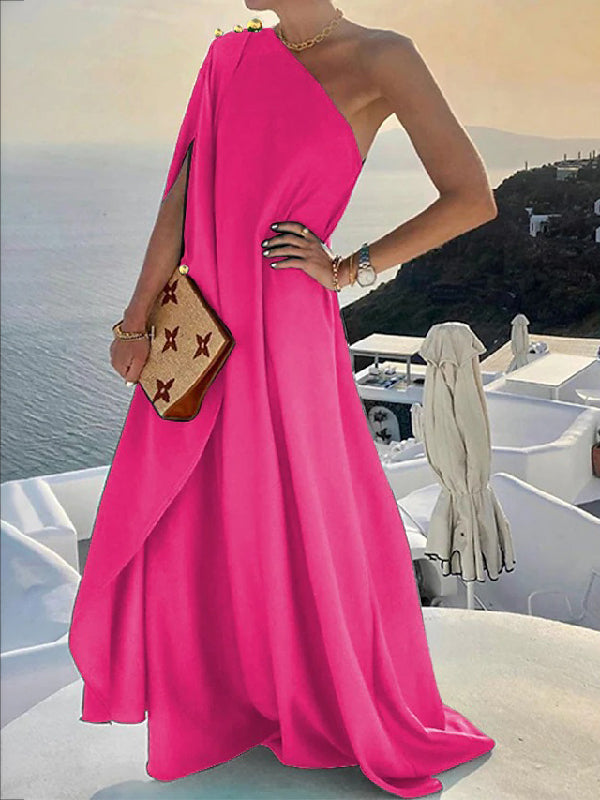 xakxx Simple Asymmetric Solid Color One-Shoulder Maxi Dresses
