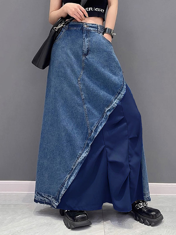 xakxx A-Line Loose Asymmetric Contrast Color Elasticity Split-Joint Denim Skirts Bottoms