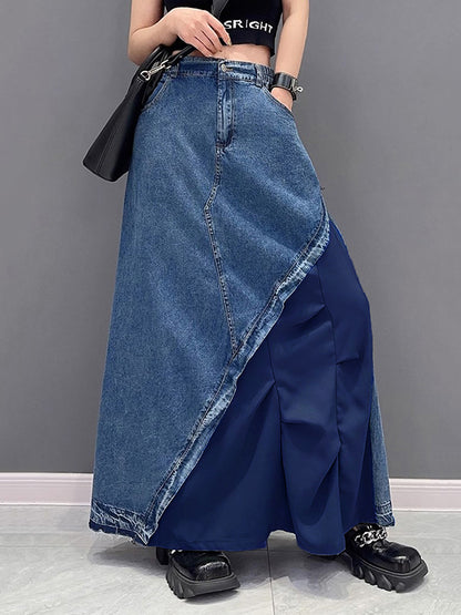 xakxx A-Line Loose Asymmetric Contrast Color Elasticity Split-Joint Denim Skirts Bottoms
