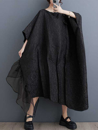 xakxx Batwing Sleeves Loose Asymmetric Flower Shape Gauze Jacquard Pleated Solid Color Split-Joint Round-Neck Midi Dresses