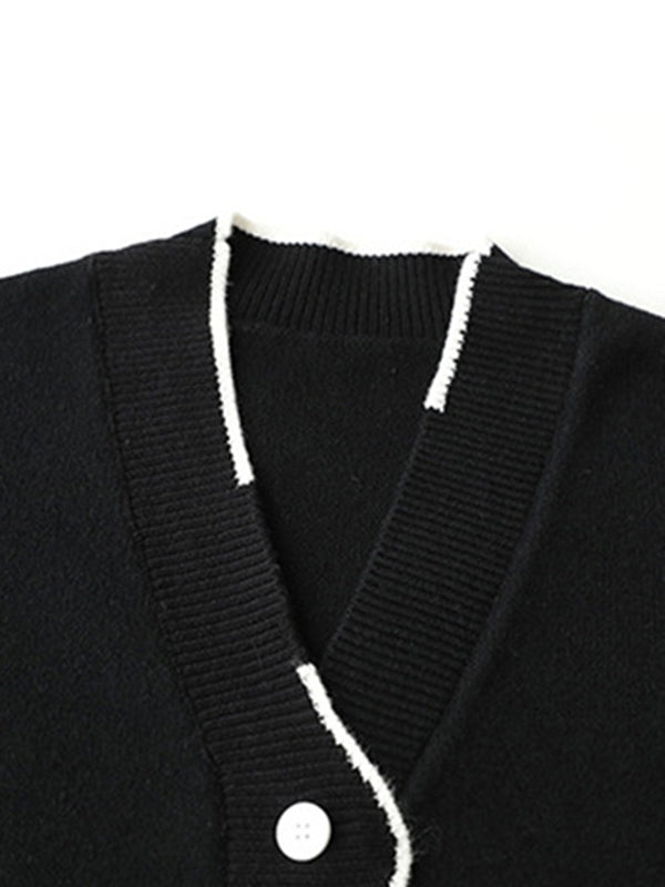 xakxx Casual Loose Long Sleeves Buttoned Contrast Color V-Neck Cardigan Tops