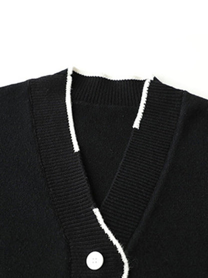 xakxx Casual Loose Long Sleeves Buttoned Contrast Color V-Neck Cardigan Tops