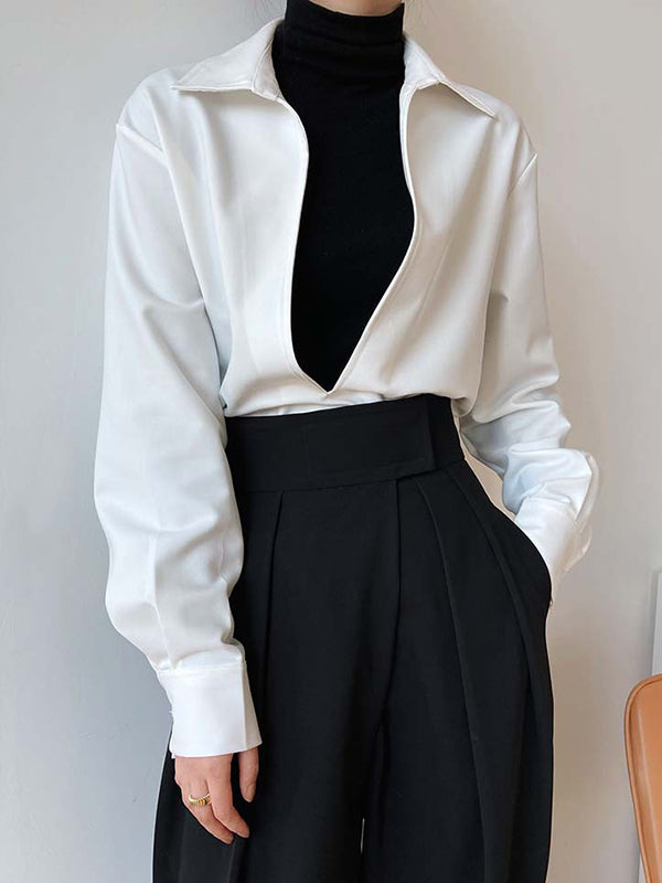 xakxx Long Sleeves Loose Solid Color Lapel Blouses