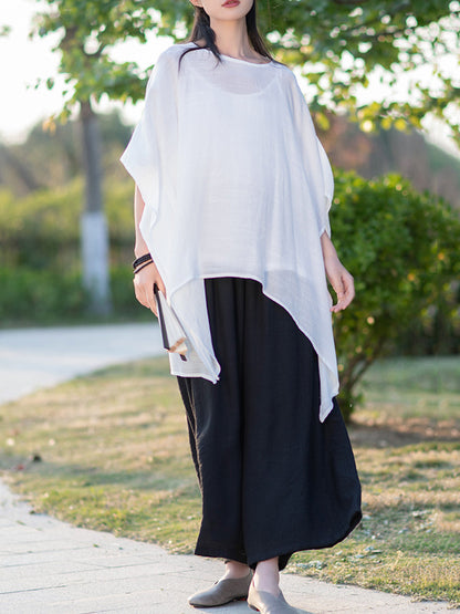 xakxx Half Sleeves High-Low See-Through Solid Color Round-Neck Blouses