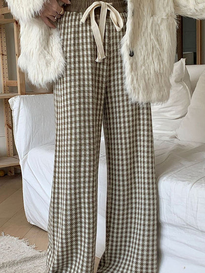 xakxx High Waisted Loose Drawstring Elasticity Plaid Pants Trousers