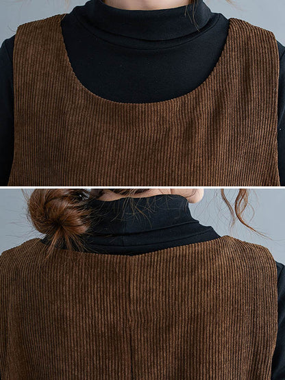 xakxx Corduroy Sleeveless Split-Joint Round-Neck Midi Dress