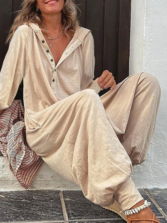 xakxx Hooded Long Sleeves Buttoned Solid Color Hooded Jumpsuits