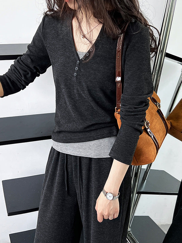 xakxx Long Sleeves Buttoned Hooded  T-Shirts Top + Vest Top + Wide Leg Drawstring Elasticity Pants Bottom Three Pieces Set