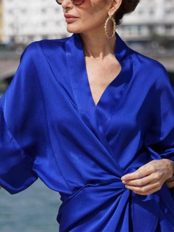 xakxx Half Sleeves Loose Solid Color V-Neck Maxi Dresses