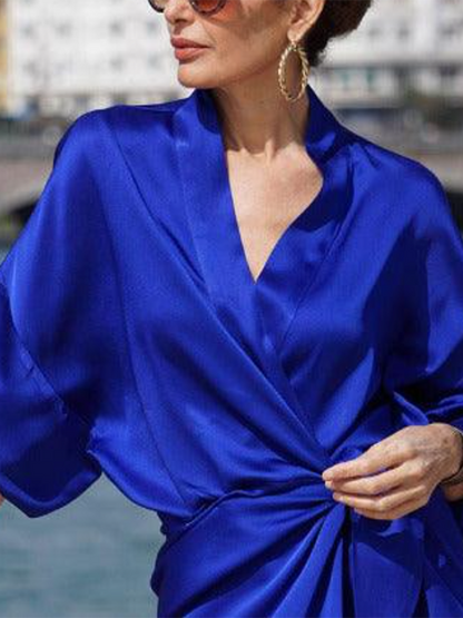 xakxx Half Sleeves Loose Solid Color V-Neck Maxi Dresses