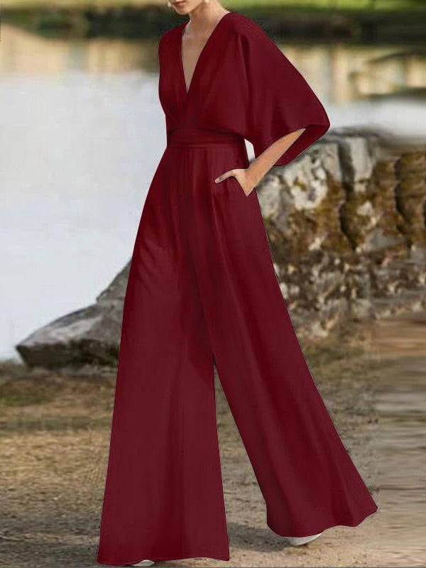 xakxx Simple Solid Color V-Neck Half Sleeves Wide Leg Jumpsuits