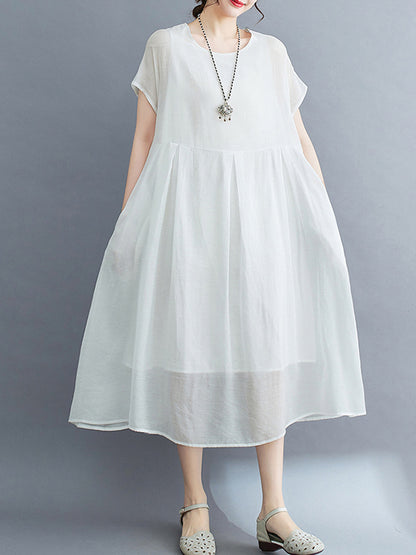xakxx Loose Short Sleeves Solid Color Split-Joint Round-Neck Midi Dresses