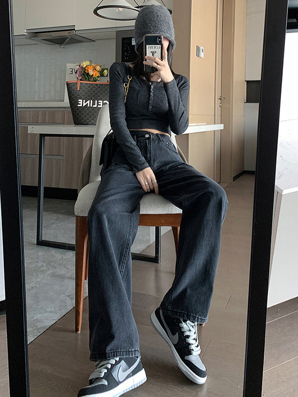 xakxx Casual High Waisted Denim Wide Leg Jean Pants