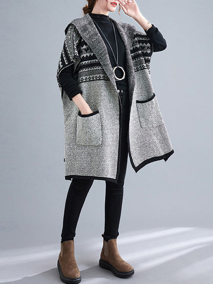 xakxx Artistic Retro Loose Casual With Pocket Hooded Short Sleeves Cardigan Outwear