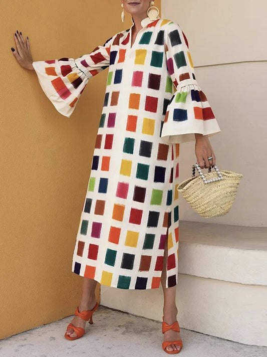 xakxx Original Flared Sleeves Split-Joint Multi-Colored Plaid Midi Dress
