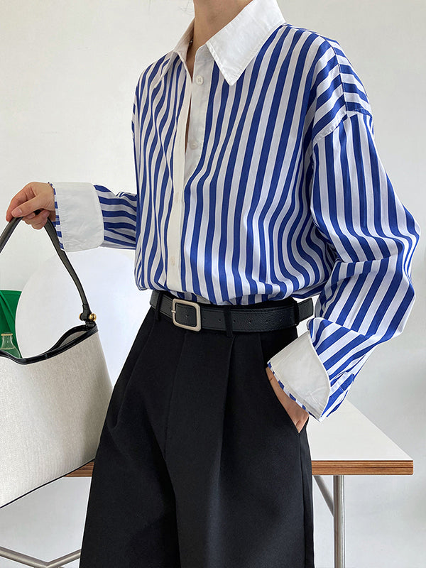 xakxx Simple Long Sleeves Contrast Color Striped Lapel Blouse Top