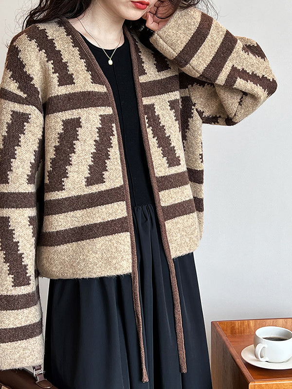 xakxx Long Sleeves Loose Contrast Color Printed Collarless Cardigan Tops