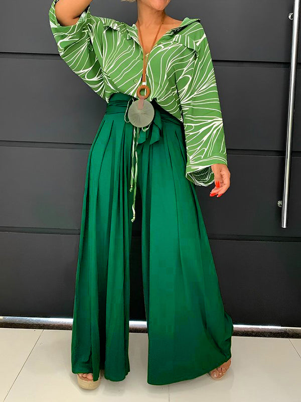 xakxx Loose Wide Leg Pleated Solid Color Tied Waist Pants Trousers