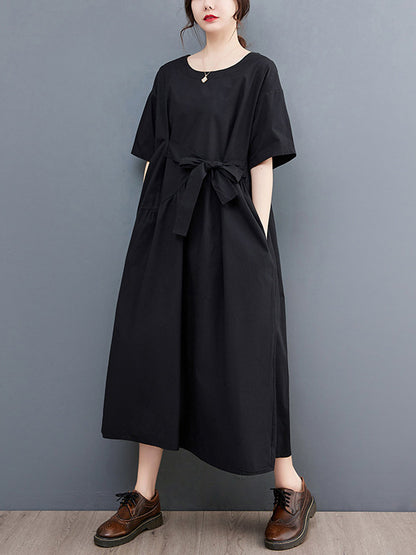 xakxx Casual Half Sleeves Loose Solid Color Round-Neck Midi Dresses