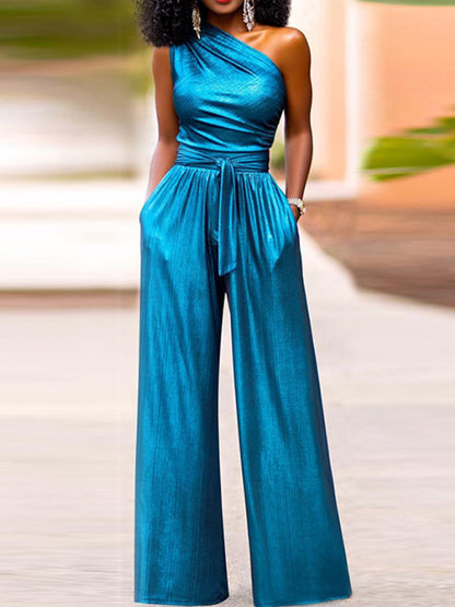 xakxx High Waisted Wide Leg Solid Color One-Shoulder Jumpsuits