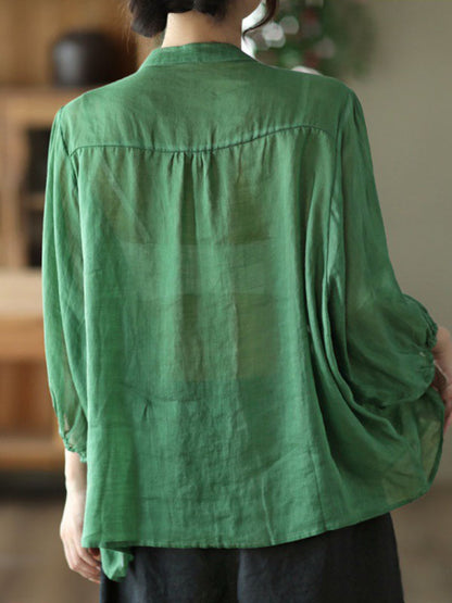 xakxx Loose Three-Quarter Sleeves Pleated Solid Color Split-Joint Stand Collar Blouses&Shirts Tops