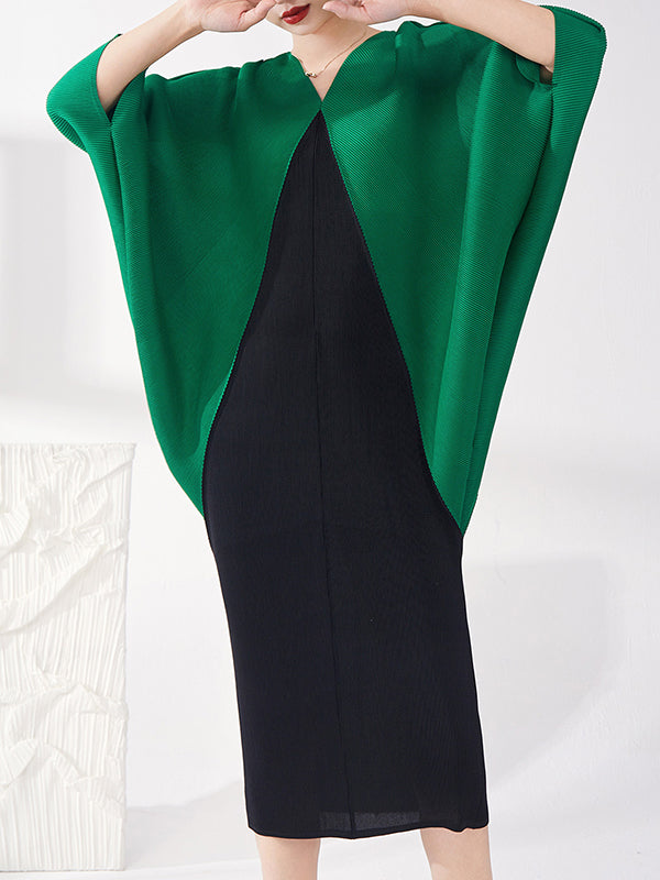 xakxx Batwing Sleeves Loose Contrast Color Pleated Round-Neck Midi Dresses