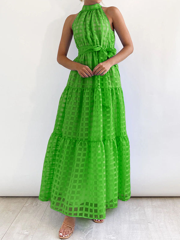 xakxx Loose Sleeveless Plaid Ribbed Stand Collar Maxi Dresses