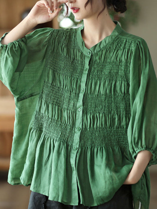 xakxx Loose Three-Quarter Sleeves Pleated Solid Color Split-Joint Stand Collar Blouses&Shirts Tops