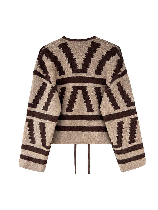 xakxx Long Sleeves Loose Contrast Color Printed Collarless Cardigan Tops