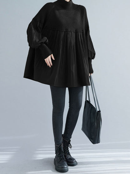 xakxx Long Sleeves Loose Pleated Split-Joint High Neck Sweater Tops