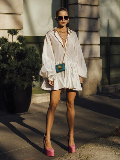 xakxx Urban Puff Sleeves Buttoned Split-Joint Solid Color Lapel Mini Dresses Shirt Dress