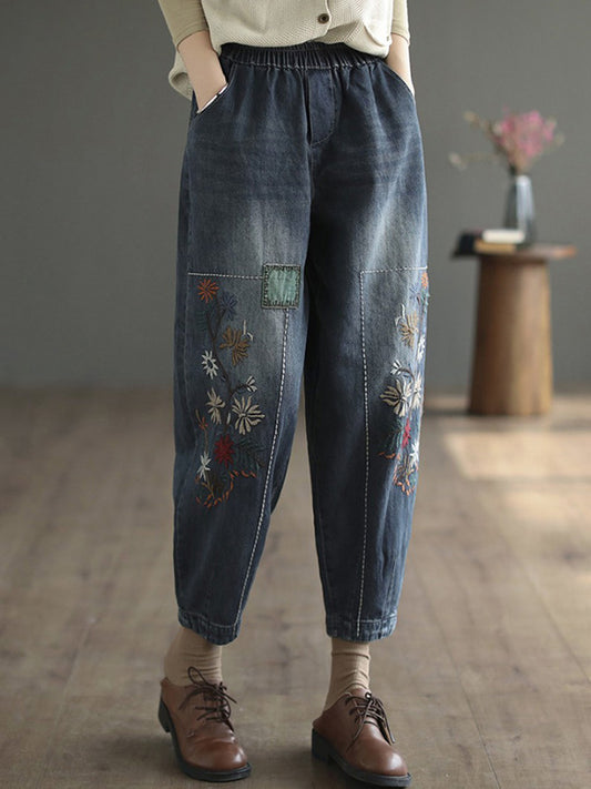 xakxx Vintage Loose Embroidered Elasticity Harem Jean Pants Bottoms