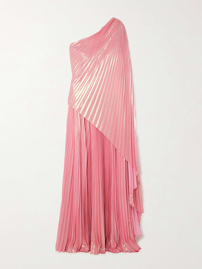 xakxx Loose Asymmetric Pleated One-Shoulder Maxi Dresses
