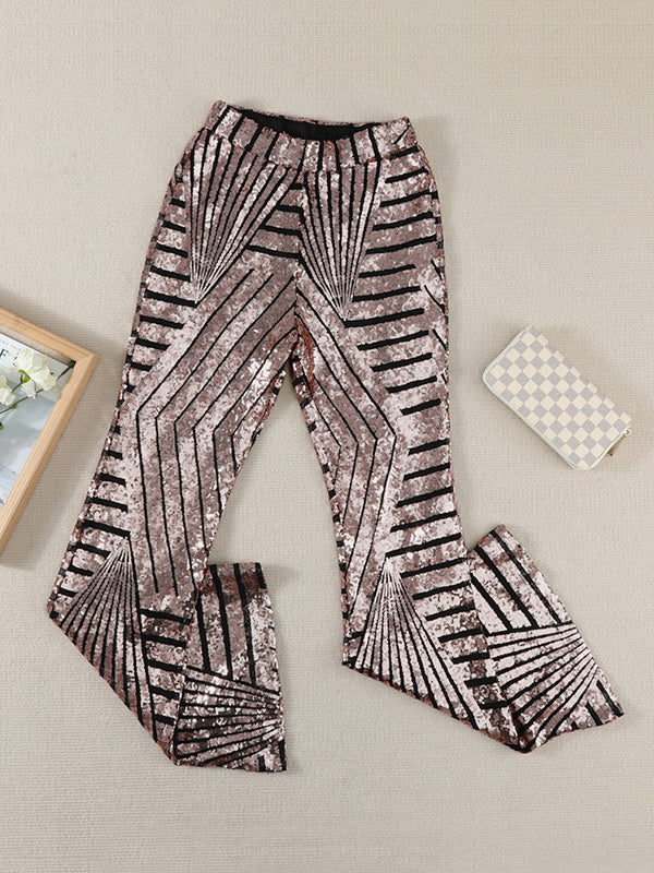 xakxx Flared Pants High Waisted Contrast Color Striped Sequined Pants