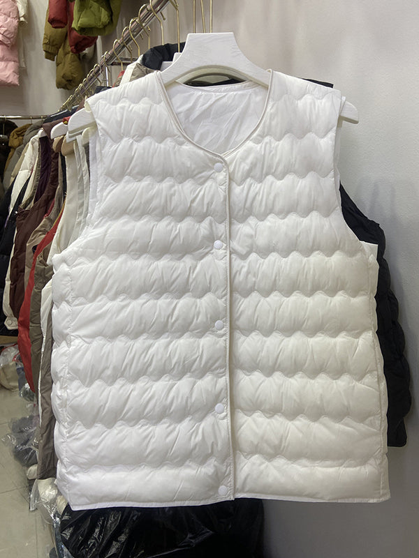 xakxx Loose Sleeveless Buttoned Quilted Solid Color Round-Neck Padded Vest