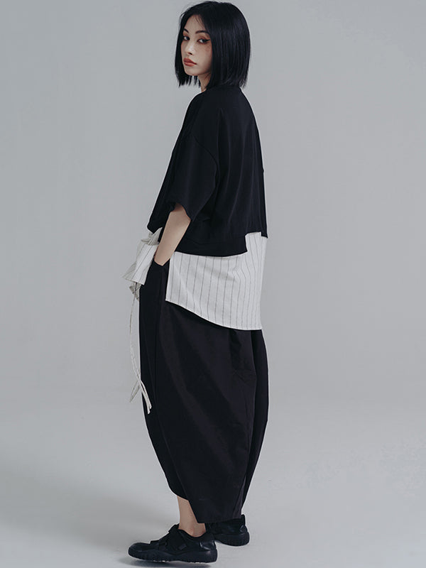 xakxx Simple Loose Elasticity Waist Wide Leg Solid Color Pants