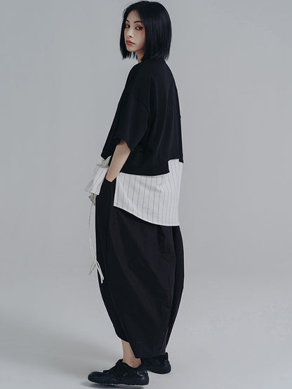 xakxx Simple Loose Elasticity Waist Wide Leg Solid Color Pants