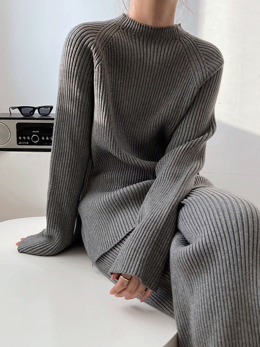 xakxx Urban Loose Solid Round-Neck Split-Side Sweater& Wide Leg Pants Suits