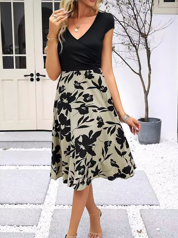 xakxx Loose Short Sleeves Floral Printed Pleated Split-Joint V-Neck Midi Dresses